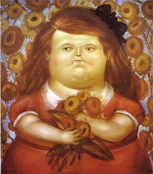 350 人の有名アーティストによるアート作品 Painting - 花を持つ女性 フェルナンド・ボテロ